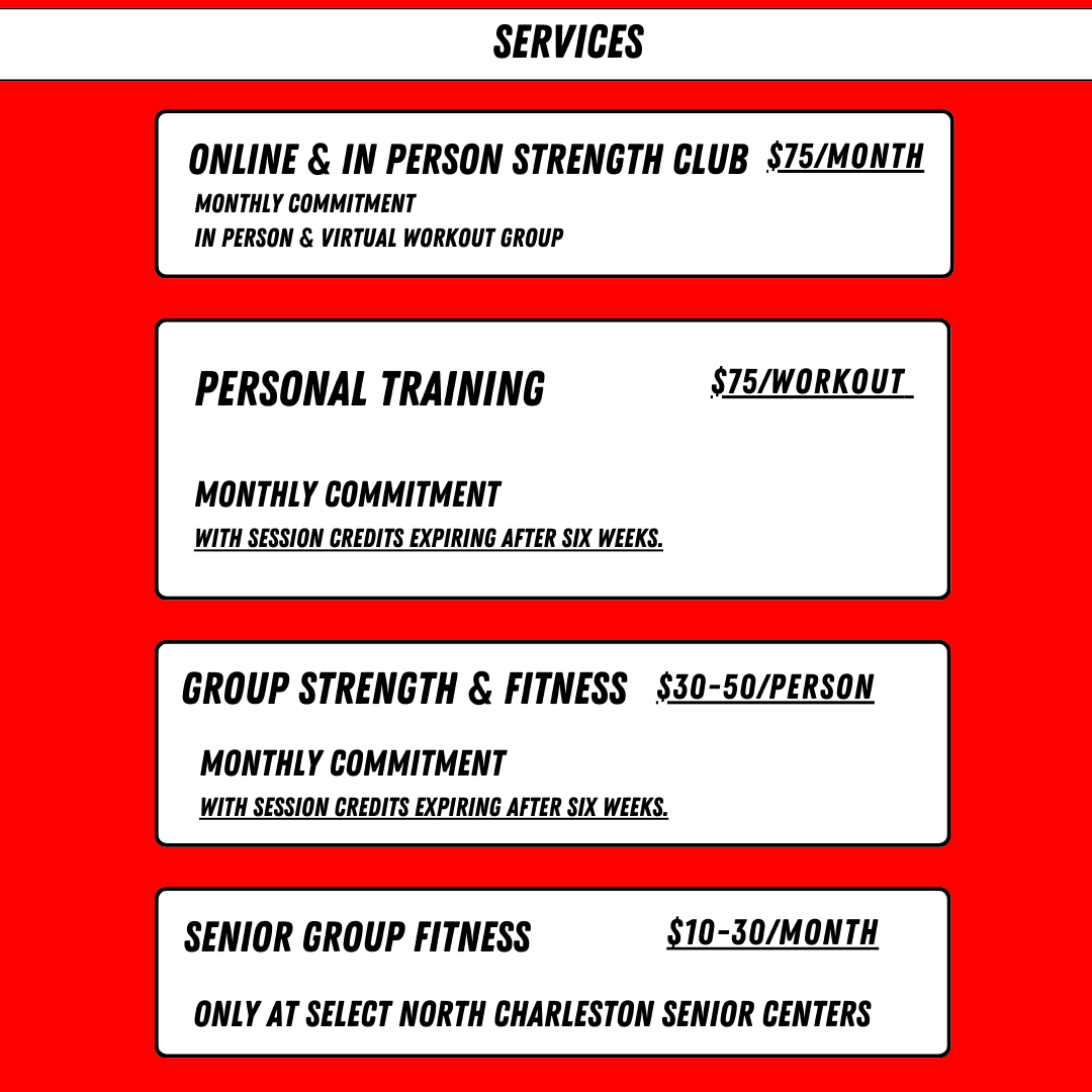 Prices for Charleston Strength Club personal training for adults, seniors, athletes in north Charleston SC.